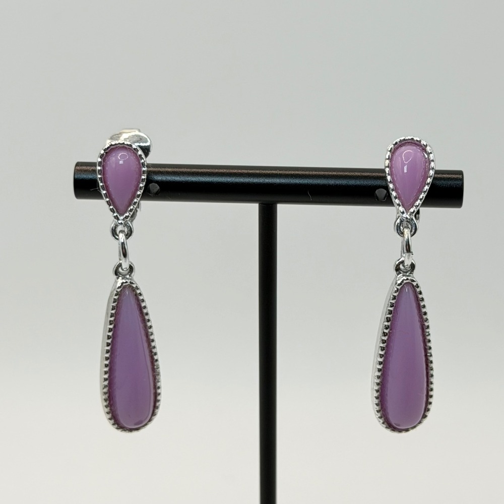 Emmons Purple Cabochon Teardrop Drop Clip On Earrings Silver Tone Signed Vintage
